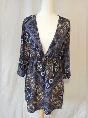 Millibon Women's Boho Navy Patterned V-Neck Tie-Waist Mini Dress
